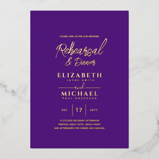 パープルゴールド結婚フォイルのリハーサルとディナー 箔招待状 (正面)