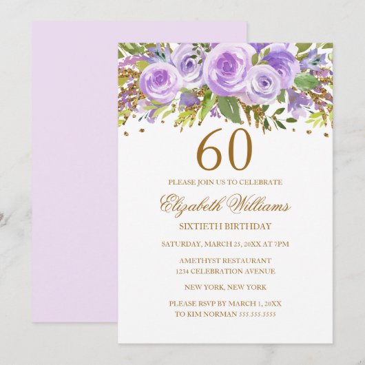 パープルゴールド フラワー ローズ 60歳の誕生日 招待状 (正面/裏面)