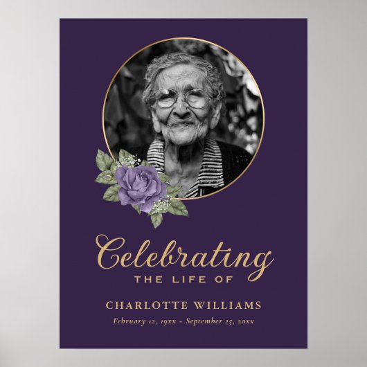 パープルゴールド フローラル お別れ フォト ウェルカムサイン ポスター (正面)