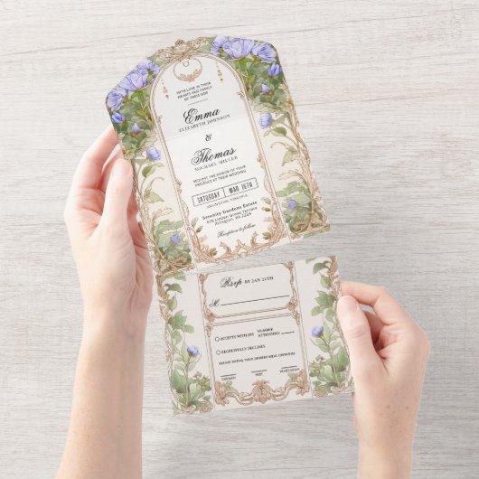 パープルゴールド フローラル フレーム ウェディング インビテーション (貼ってはがせる)