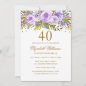 パープルゴールド フローラル ローズ 40歳の誕生日 招待状 (正面)
