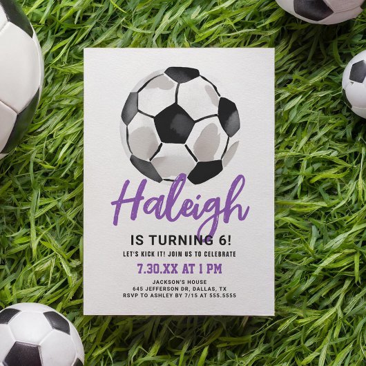 パープルサッカーガール誕生日招待状 招待状