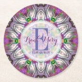 パープルサテンジオメトリスターモノグラム紙コースター ラウンドペーパーコースター (正面)