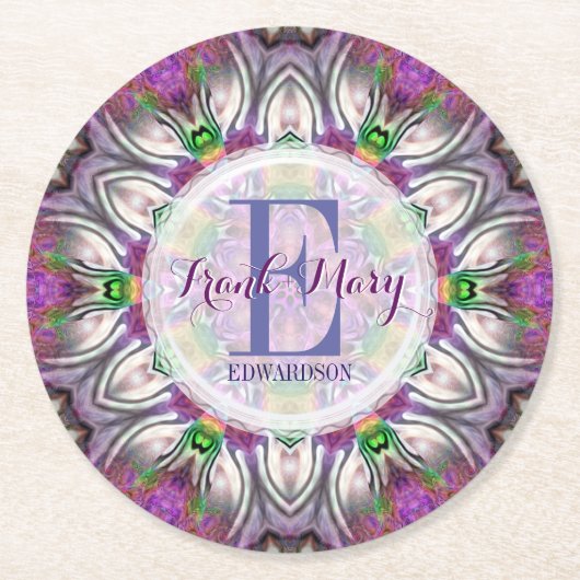 パープルサテンジオメトリスターモノグラム紙コースター ラウンドペーパーコースター (正面)
