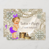 パープルサテンパールガーリーベビーガールシャワー 招待状 (正面/裏面)