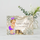 パープルサテンパールガーリーベビーガールシャワー 招待状 (スタンド正面)