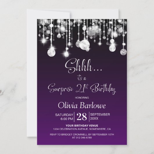 パープルサプライズ21歳の誕生日パーティー 招待状 (正面)