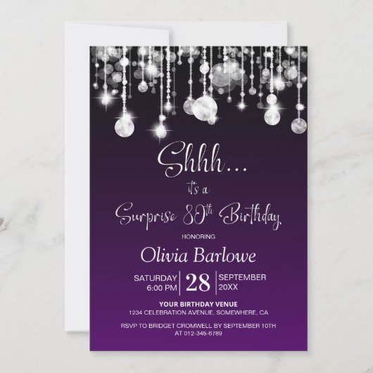 パープルサプライズ80th誕生日パーティー 招待状 (正面)