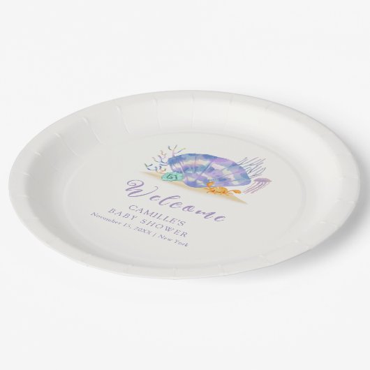 パープルサマーシーパールガールベビーシャワーへようこそ ペーパープレート (アングル)