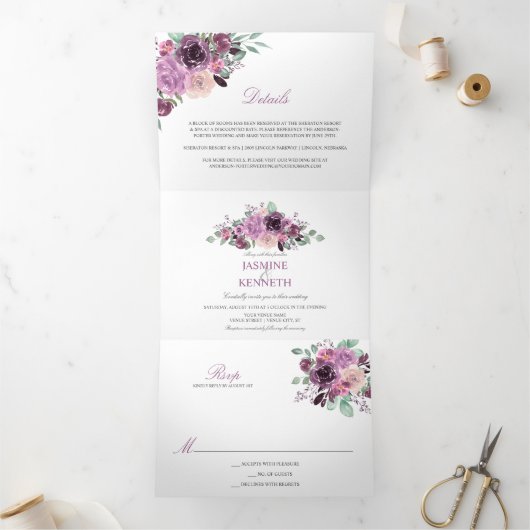 パープルサンギリアマウブウォーターカラーフラワーグリーン 三つ折り招待状 (内部)