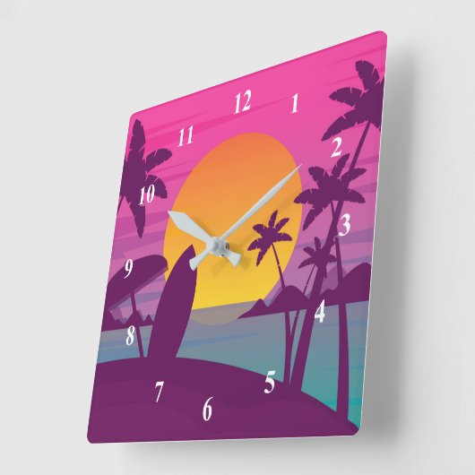 パープルサンセットサーフビーチ スクエア壁時計 (傾斜)