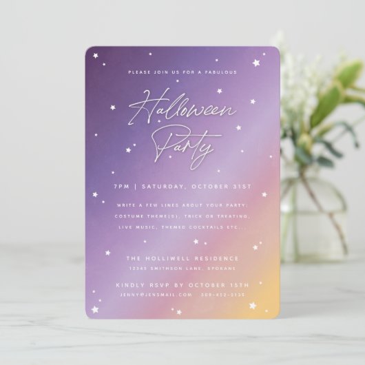 パープルサンセットスクリプトアンドスターズハローウィンパーティ 招待状 (スタンド正面)