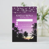 パープルサンセットパームツリービーチライツウェディングRSVP 出欠カード (スタンド正面)
