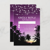 パープルサンセットパームツリービーチライツウェディングRSVP 出欠カード (正面/裏面)