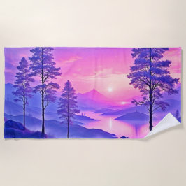 パープルサンセットランドスケープアート ビーチタオル