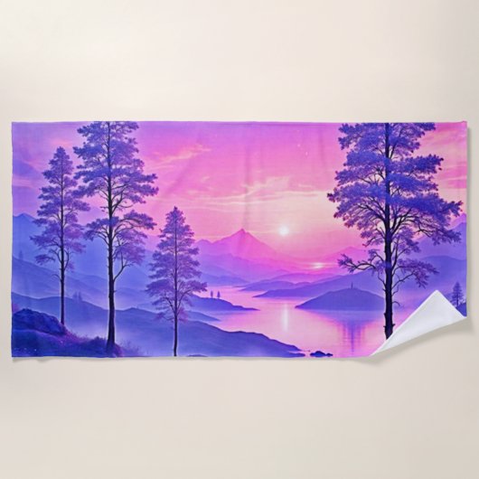 パープルサンセットランドスケープアート ビーチタオル (正面)