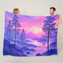 パープルサンセットランドスケープアート フリースブランケット