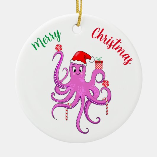 パープルサンタタコのクリスマス セラミックオーナメント (正面)