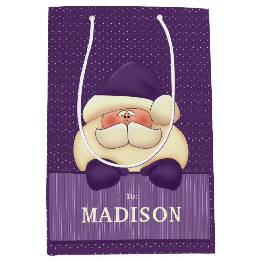 パープルサンタ水玉模様とストライプクリスマス ミディアムペーパーバッグ (正面)