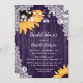 パープルサンフラワーウッドストリングライトブライダルシャワー 招待状 (正面/裏面)