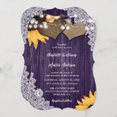 パープルサンフラワーウッドフローラレース結婚ズ 招待状 (正面/裏面)
