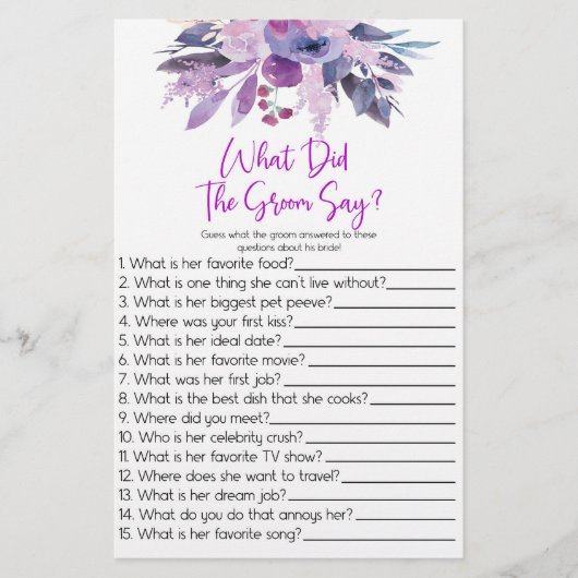 パープルザグルームズセーズブライダルシャワーゲーム 便箋 (正面)