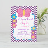 パープルシェブロンとピンクバタフライの誕生日パーティー 招待状 (スタンド正面)