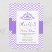 パープルシェブロンプリンセスクラウンガールベビーシャワー 招待状 (正面/裏面)