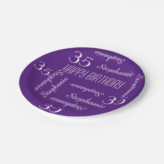 パープルシック35th誕生日パーティーの繰り返し名前 ペーパープレート (アングル)
