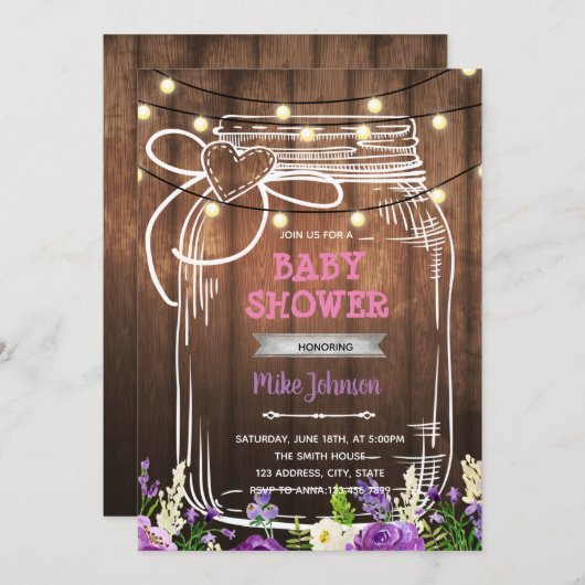パープルシャワー メイソンジャー 誕生日招待状 招待状 (正面/裏面)