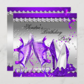 パープルシャンパングリッターシューズバースデーパーティー 招待状 (正面/裏面)
