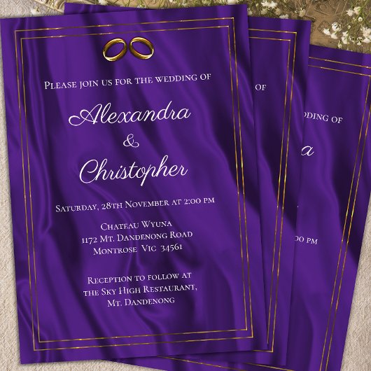 パープルシルクとゴールドリングのウェディング 招待状