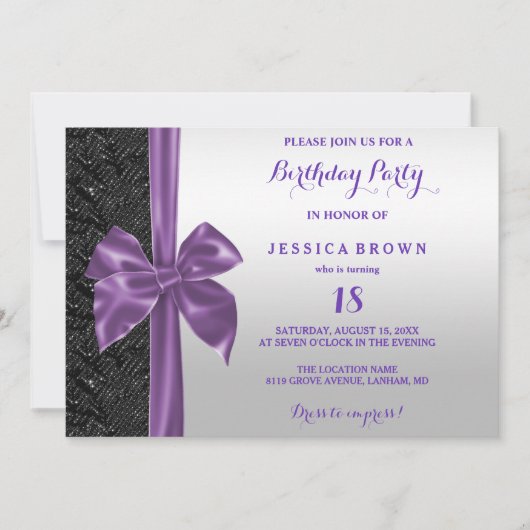 パープルシルクボウブラックシークインズ18誕生日 招待状 (正面)