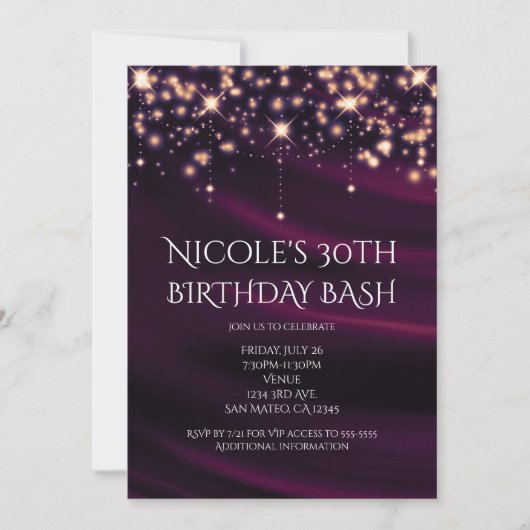 パープルシルク&ゴールドスパークル グラムパーティー招待状 招待状 (正面)