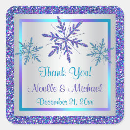 パープルシルバーアクアグリッタールック雪片ステッカー スクエアシール