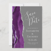 パープルシルバーアゲート写真グレーSave the Date カード (正面)