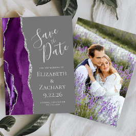 パープルシルバーアゲート写真グレーSave the Date カード