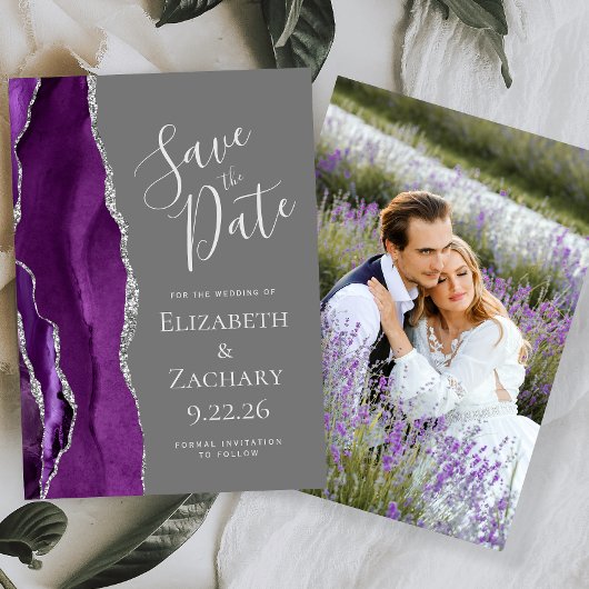 パープルシルバーアゲート写真グレーSave the Date カード