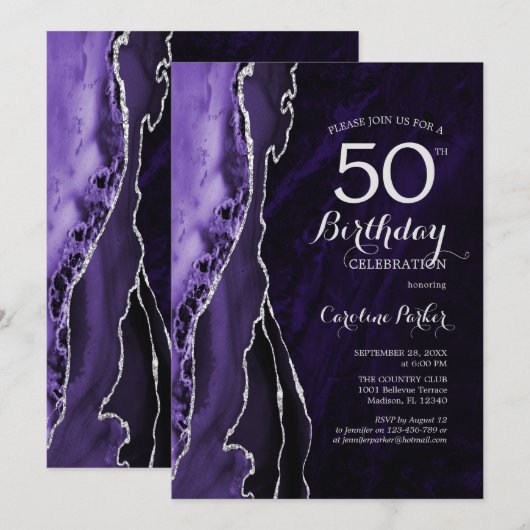 パープルシルバーアゲート50誕生日 招待状 (正面/裏面)