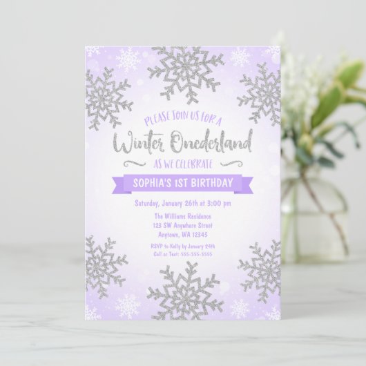パープルシルバーウィンターワンダーランド1回目の誕生日 招待状 (スタンド正面)