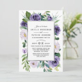 パープルシルバーウォーターカラーフローラ婚約パーティ 招待状 (スタンド正面)