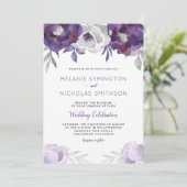パープルシルバーウォーターカラーフローラ結婚式招待状 招待状 (スタンド正面)