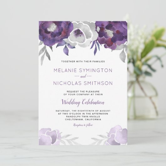 パープルシルバーウォーターカラーフローラ結婚式招待状 招待状 (スタンド正面)