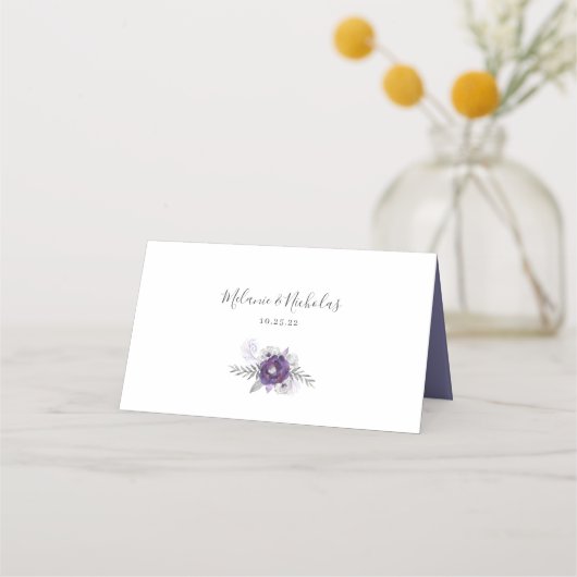パープルシルバーウォーター色のフローラウェディングレセプション プレイスカード (裏面)