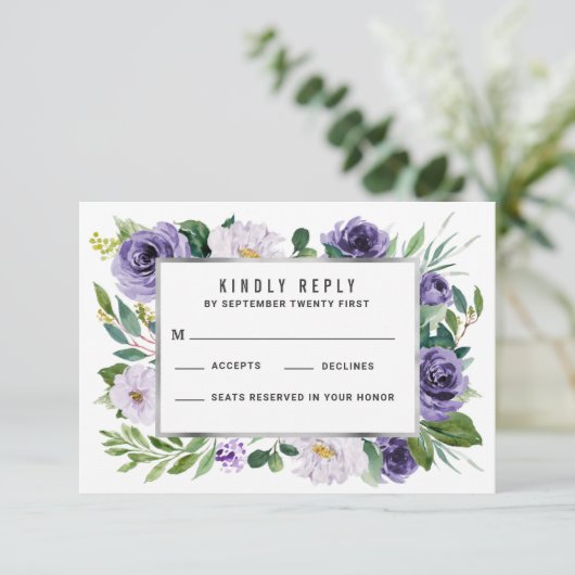 パープルシルバーウォーター色フローラウェディングRSVPカード 出欠カード (スタンド正面)