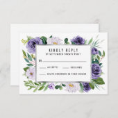 パープルシルバーウォーター色フローラウェディングRSVPカード 出欠カード (正面/裏面)