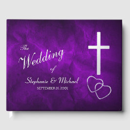 パープルシルバークリスチャンクロスハート結婚ズ ゲストブック