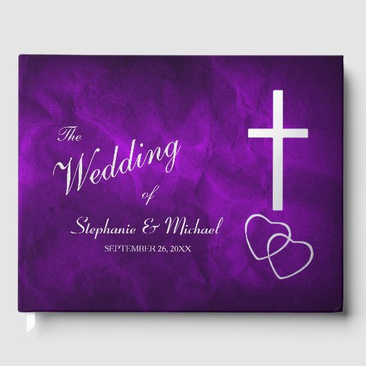 パープルシルバークリスチャンクロスハート結婚ズ ゲストブック (正面)
