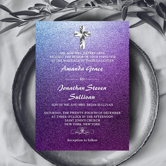 パープルシルバークリスチャン結婚クロス 招待状