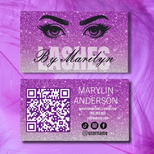 パープルシルバーグラデーショングリッターラッシュテックQRコード 名刺